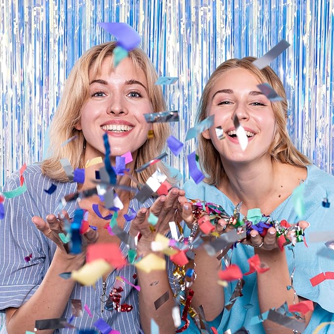 2 Pack Foil Curtain Backdrop Iridescent Metallic Tinsel Foil Fringe Curtains Photo Booth Props for Birthday Wedding Engagement Baby Shower Bachelorette Christmas Holiday Celebration Party Decorations
