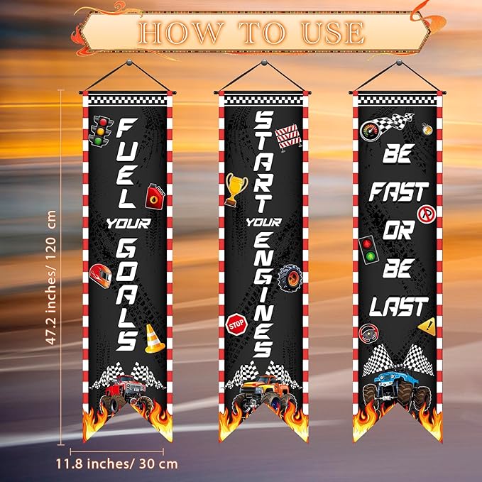 3 Pcs Race Car Party Banners Racing Fans Birthday Decor Monster Truck Hanging Porch Sign Truck Fuel Can Checkered Flag for Car Theme Birthday Party Supplies Inspirational Classroom Decoration