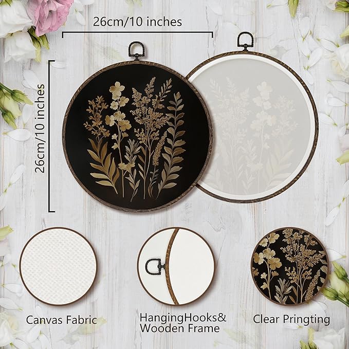 XNXLDYLH Vintage Black Dark Cottagecore Round Framed Wall Art Decor, Rustic Gothic Hanging Wall Decor Decorations, Botanical Floral Canvas Prints Wall Art Pictures Paintings for Farmhouse, 10x10 Inch