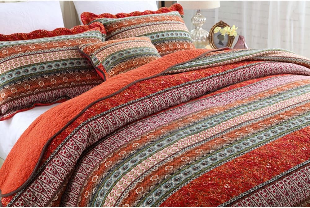 NEWLAKE Striped Classical Cotton 3-Piece Patchwork Bedspread Quilt Sets, King Size