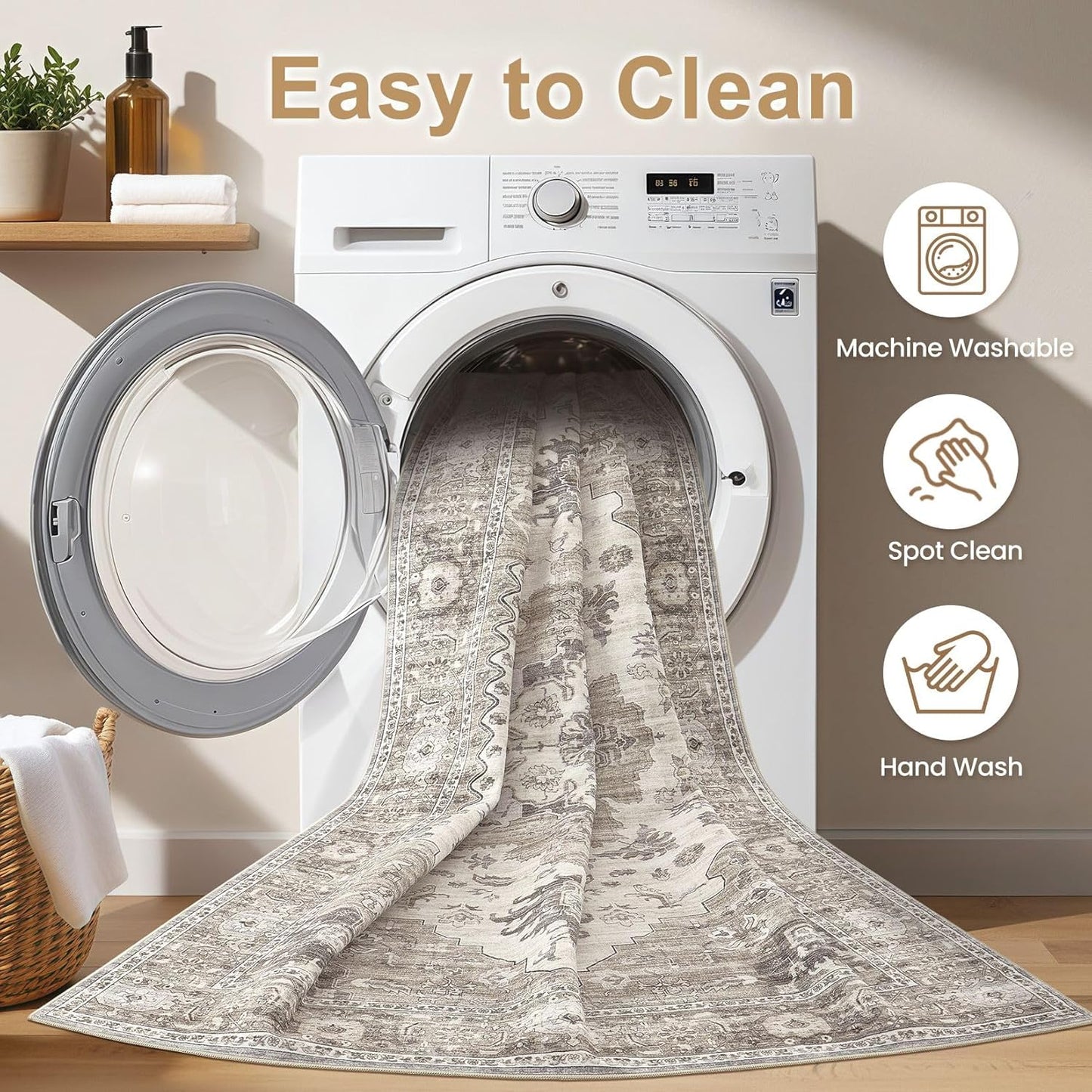 Washable Area Rugs for Living Room -7x10 Neutral Vintage Distressed Floral Farmhouse Boho Large Soft Floor Rug Indoor Non Slip Carpet for Living Room Bedroom Dining Room Office-Brown/Beige