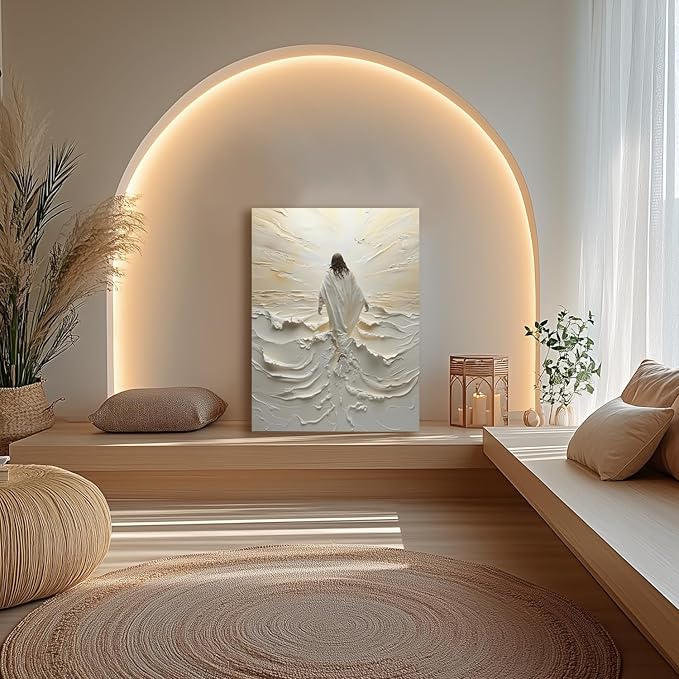 HLXRAE Framed Jesus Wall Art, White Christian Wall Decor, Jesus Walking On Water Poster Prints, Minimalist Christian Biblical Wrapped Canvas Artwork for Church Prayer Room Hospitals 16"x24"