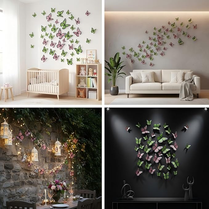 Chuangdi 48 Pcs Pink Monarch Butterfly Decorations 3 Size Fake Butterflies Realistic Butterfly Craft Artificial Mariposas Wall Decor for Craft Wedding Home Birthday Party (Green,3.2inch,4inch,4.7inch)