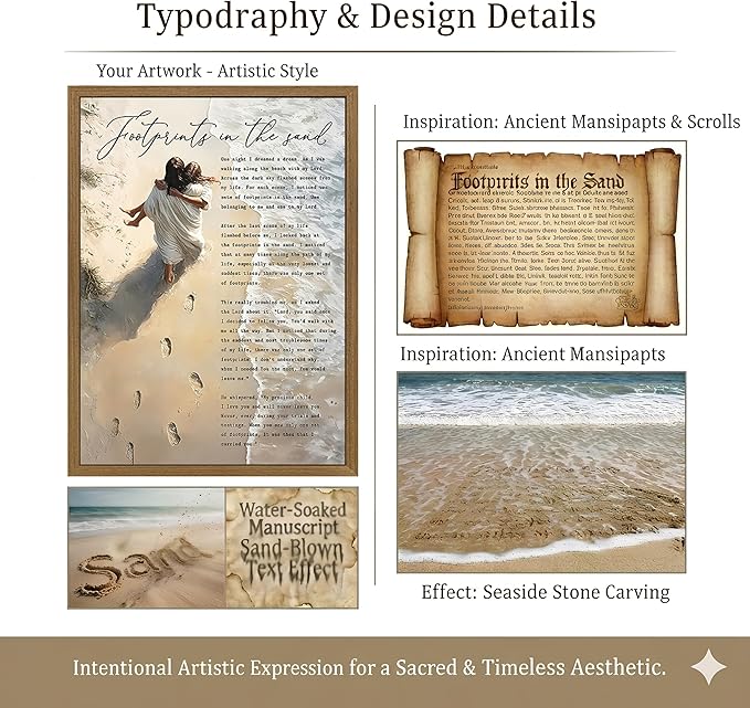 Clicyre Footprints in the Sand Christian Wall Art, Jesus Holding Child Canvas Print, Inspirational Bible Verse Poem Scripture Beach Artwork for Bedroom Prayer Room Church Wood Framed 16x24 Inch