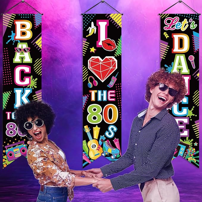 3 Pieces 80's Party Decorations Back to The 1980 Banners I Love 80s Porch Signs Hanging Backdrops for Home Bar Retro Theme Hip Hop Rock Disco Birthday Party Door Wall Decor Supplies