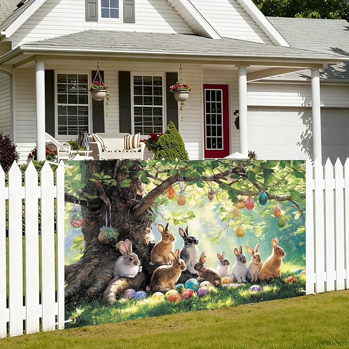 Happy Easter Backdrop 71" X 43" Large Happy Easter Day Banner Rabbit Party Decorations Bunny Photography Background