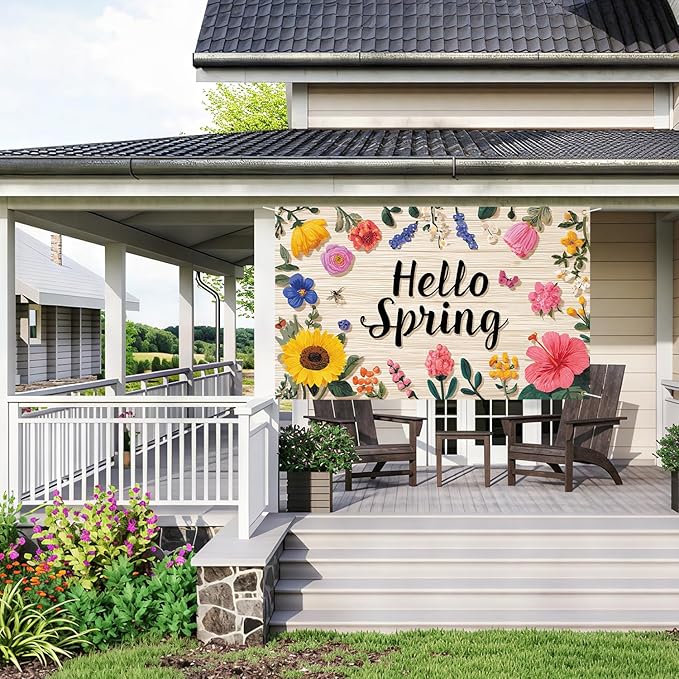 Hello Spring Backdrop 71''x 43'' Hello Spring Banner Flower Butterfly Backdrop Decorations for Photography Background Photo Prop Booth Party Decor