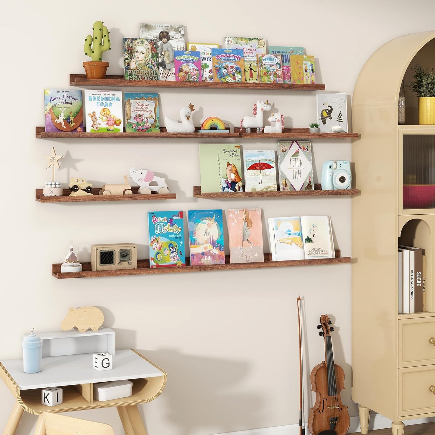 Fun Memories Picture Ledge Shelves Set of 2, 24 Inch Rustic Wall Mounted Floating Shelves with Lip for Home Storage and Décor in Bathroom, Kitchen, Nursery, Bedroom, Living Room, Walnut