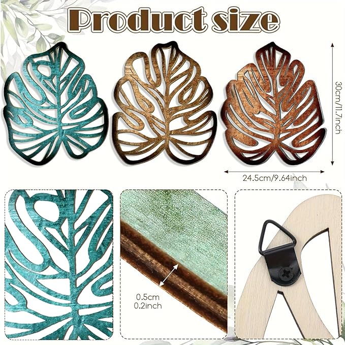 Palm Leaves Wood Wall Decor , 3Pcs Tropical Wall Art Jungle Decor, Wooden Natural Leaves Plant Wall Decor, Vintage Tropical Plant Plaque for Home Living Room Kitchen Bedroom Bathroom & Garden, Blue&Brown