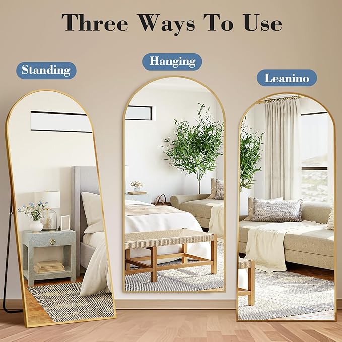 DUMOS Arched Full Length Mirror with Stand Floor Free Standing Aluminum Frame for Bedroom Body Hanging Leaning Modern Simple Home Decor Shatter-proorf Nano Glass Wall Gold 65"x24"