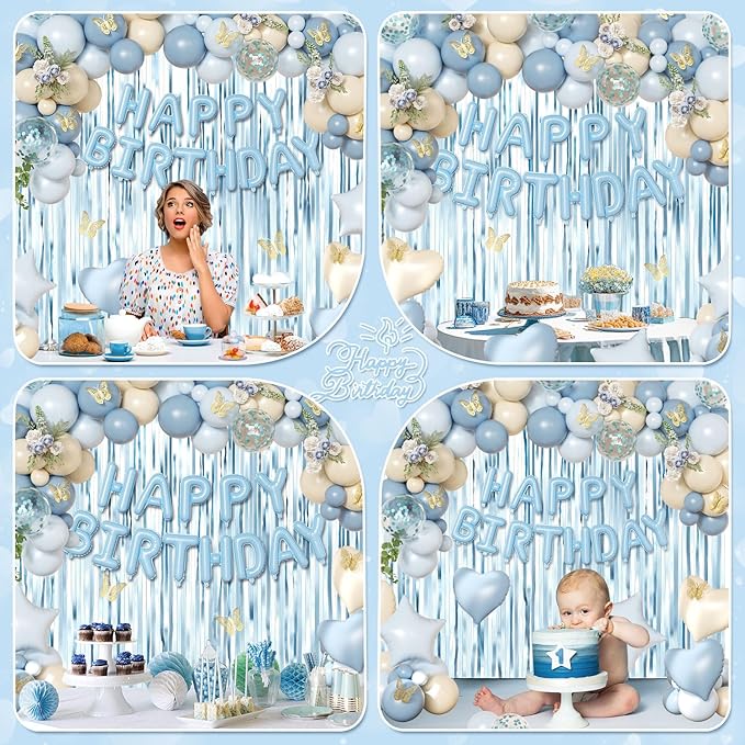Blue Birthday Decorations, Dusty blue Sand White Confetti Foil Balloons Happy Birthday Banner Gold Butterfly Fringe Curtains, Light Blue Birthday Decorations for Boys Girls Women Men