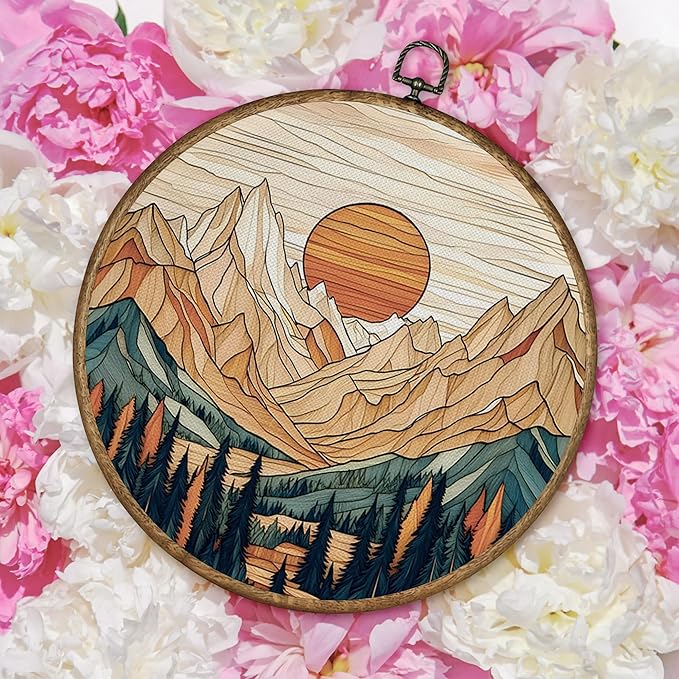 TLESKE Boho Vintage Sun Round Wall Art Decor Framed 10x10, Neutral Sunrise Mountain Woodland Canvas Wall Art Prints Artwork, Gothic Moody Wall Hanging Room Door Decor for Bedroom Living Room