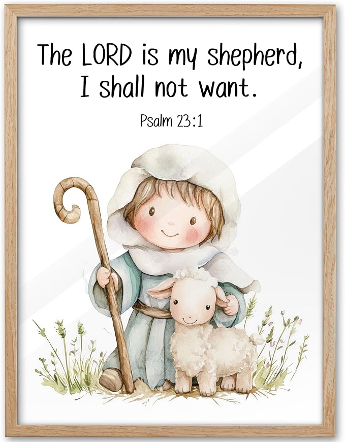 KensTro Natural OAK Wood Nursery Decor Framed Wall Art,12x16in Inspirational Christian Bible Verse Wall Art,The LORD is My Shepherd,I Shall Not Want Psalm 23:1 Print for Boys Girls Bedroom Decor 1Pack