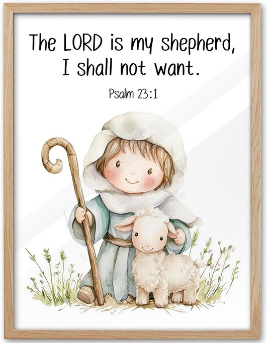 KensTro Natural OAK Wood Nursery Decor Framed Wall Art,12x16in Inspirational Christian Bible Verse Wall Art,The LORD is My Shepherd,I Shall Not Want Psalm 23:1 Print for Boys Girls Bedroom Decor 1Pack