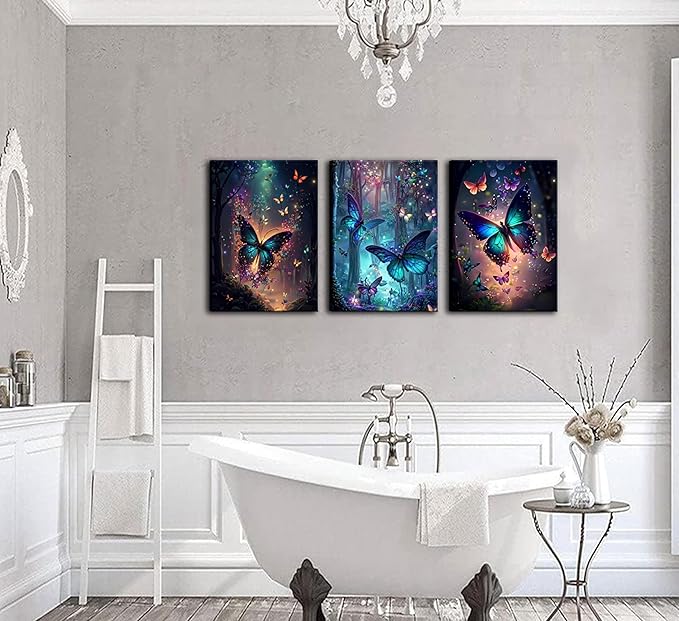 3Pcs Framed Butterfly canvas Wall Art Fantasy forest butterfly wall decoration picture Butterflies poster print Painting Modern Artwork for Home Bathroom Bedroom Living Room Decoration Ready to Hang