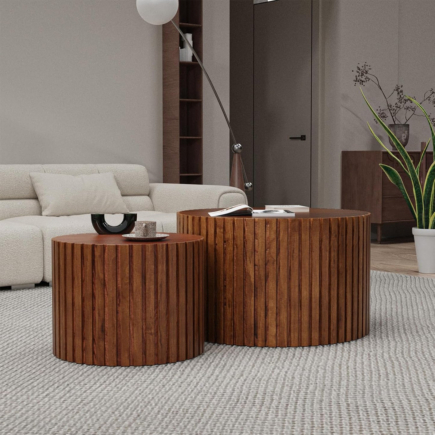 Round Nesting Coffee Table Set of 2 Handcraft Circle Fluted Nesting Coffee Tables Circular Side Table Drum Accent End Tables for Living Room Bedroom (Brown Large)
