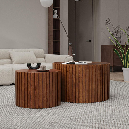 Round Nesting Coffee Table Set of 2 Handcraft Circle Fluted Nesting Coffee Tables Circular Side Table Drum Accent End Tables for Living Room Bedroom (Brown Large)