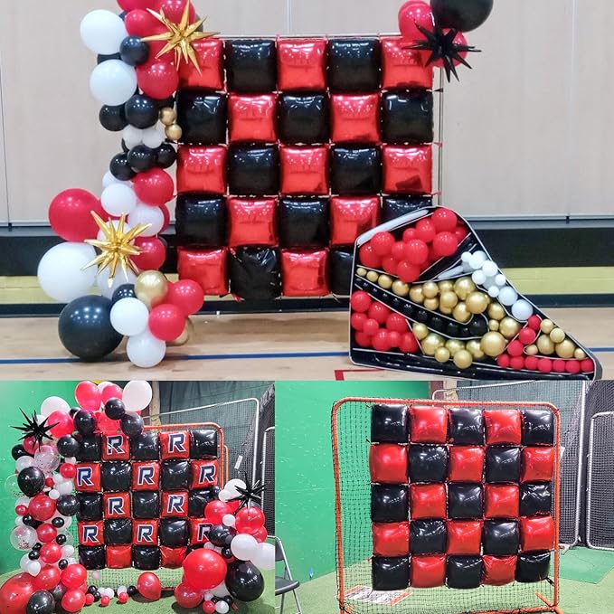 25pcs Black and Red Foil Square Balloon Backdrop Wall with 146pcs Black Red White Balloons Arch, Double Sided Balloon Tunnel with 3 Star Balloons for Racing Car Birthday New Year Party Decor
