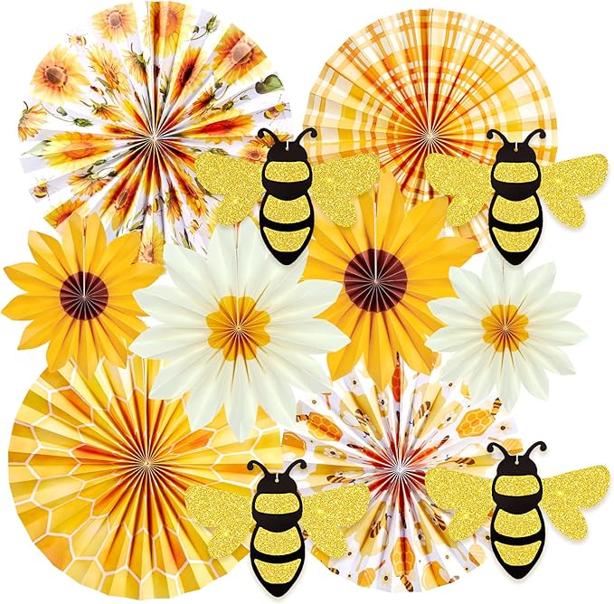 PAPER JAZZ Sunflower Paper Fan,Sunflower Party Decoration Hanging for Wall Sun Flower Paper Garlard with Bumble Bee Baby Shower for Yellow Birthday Party Bulletin Board Classroom