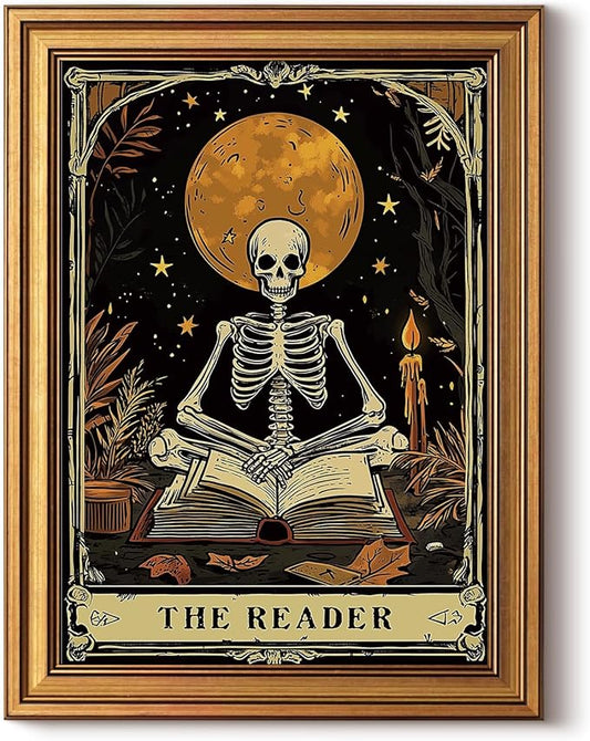HUARCEY Gold Framed Canvas Wall Art, Skeleton Reader Tarot Picture Decor, Library Reading Room School Decor, Book Lover Witchy Gothic Halloween Canvas Paintings, 12x16inch