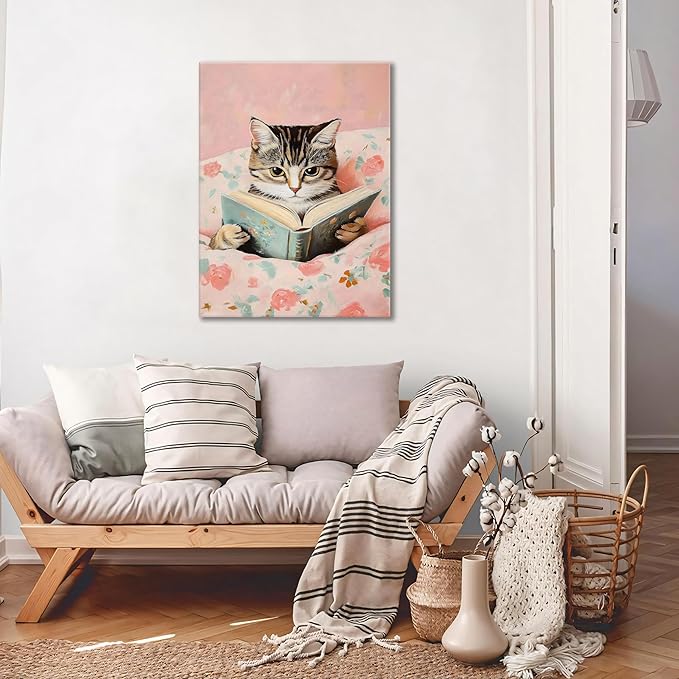 Framed Cats Canvas Wall Art, Funn Tabby Cat Reading Books Picture Wall Decor, Pink Vintage Animal Poster Prints for Girls Room Bedroom Kids Room Living Room Bathroom Decor 16x24 inch