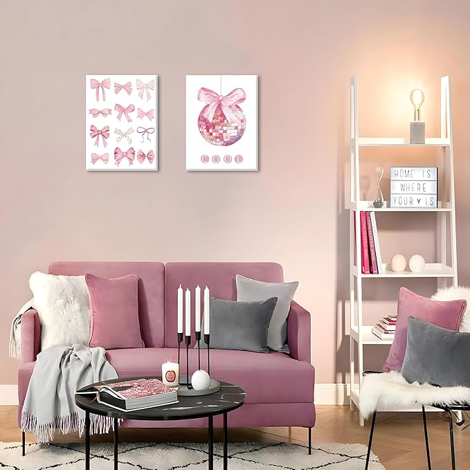 Preppy Pink Bow Canvas Wall Art, Trendy Bows Coquette Room Wall Decor Paintings, Pink Girly Disco Aesthetic Posters Prints Pictures for Girls Dorm Bedroom 12x16 Inch Framed