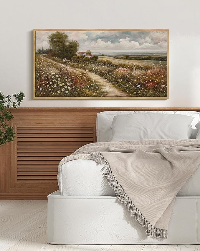 SHENIFY Vintage Landscape Framed Wall Art Rustic Countryside Wildflower Field Farmhouse Decor Retro Meadow with Flowers Painting for Hallway Bedroom Dining Room - 20x40in Natural Framed