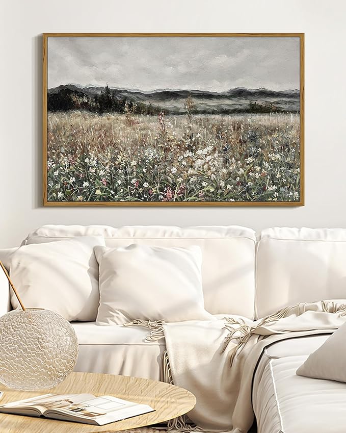 SHENIFY Vintage Landscape Framed Wall Art Meadow Flowers Farmhouse Decor Retro Classic Painting for Hallway Living Room Bedroom Dining Room - 16x24in Natural Framed