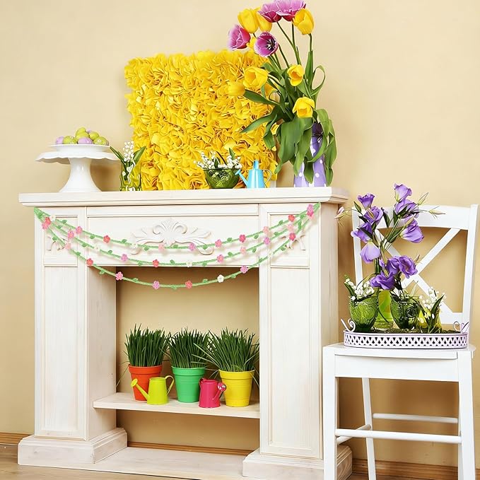 12 Pcs Handmade Crochet Flower Garland Decor Knitting Spring Floral Garland Hanging Ornaments Boho Door Curtains Decoration for Backdrop Wall Window Fireplace Bedroom Birthday Wedding Party