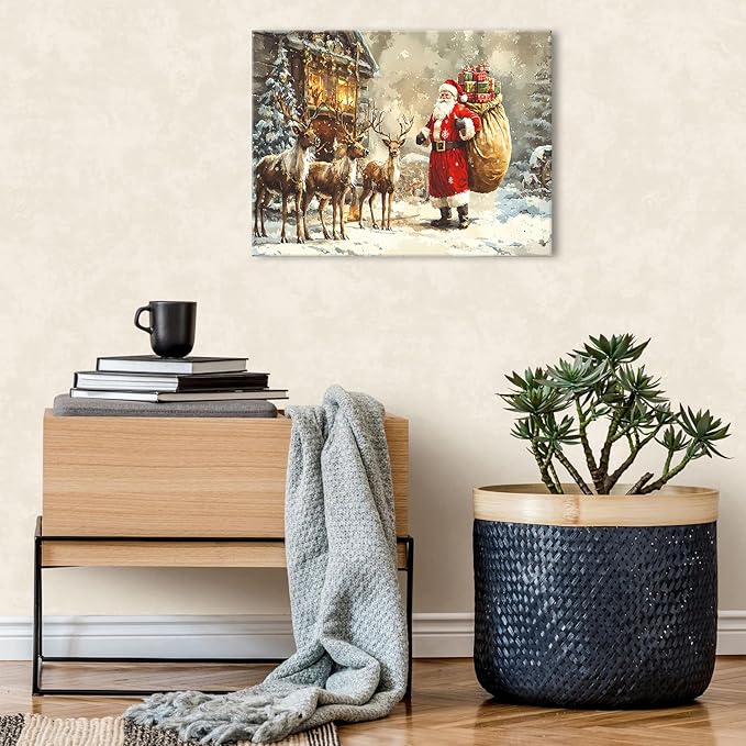 Christmas Wall Art Santa Claus Wall Decor Vintage Farmhouse Deer Pictures Christmas Reindeer Canvas Poster Winter Snow Landscape Painting Artwork for Living Room Bedroom Home Decorations 12x16"