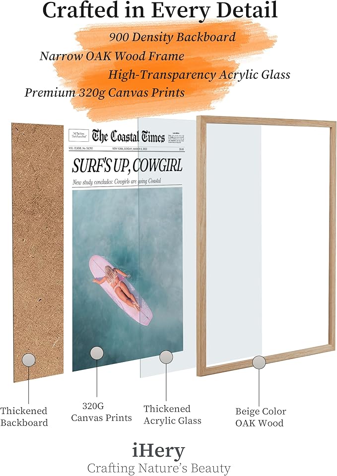 iHery Framed Coastal Trendy Cowgirl Wall Art Decor, Natural OAK Wood Large 16x20in Canvas Newspaper Retro Bedroom Wall Art,Surfer Up Vintage Bar Cart Home Decor For Dorm Living Room 1Pack