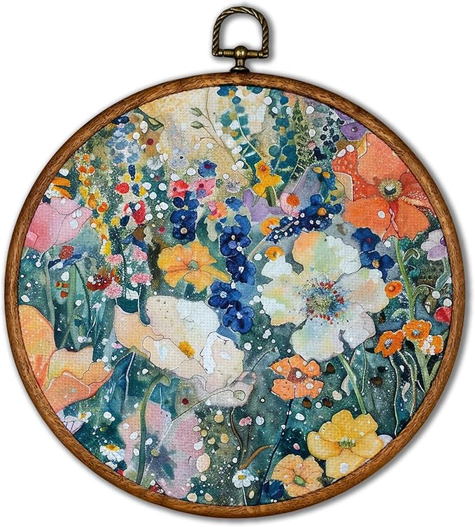 KSDUT Neutral Floral Botanical Wall Decor Art - Vintage Flower Wall Art Canvas Frame Hanging Prints, Preppy Trendy Wildflower Round Wall Art Decor for Farmhouse Gallery Home Decorations 10"x10"