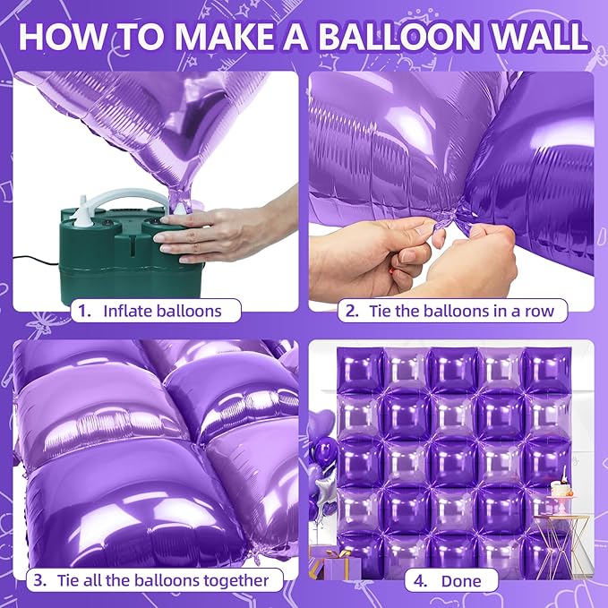 NISOCY 25PCS Purple and Light Purple Square Foil Balloons Wall Backdrop Double Sided Dark Purple and Purple Balloons Arch Kit for Birthday Anniversary Wedding Baby Bridal Shower Party Decorations