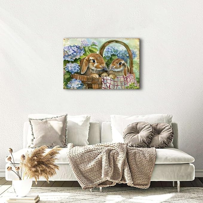 Farmhouse Canvas Wall Art Rabbit Pictures Easter Wall Decor for Bedroom Funny Bunny Painting Blue Flowers Poster Vintage Wood Grain Prints Artwork Kitchen Living Room Home Decoration 24x36"