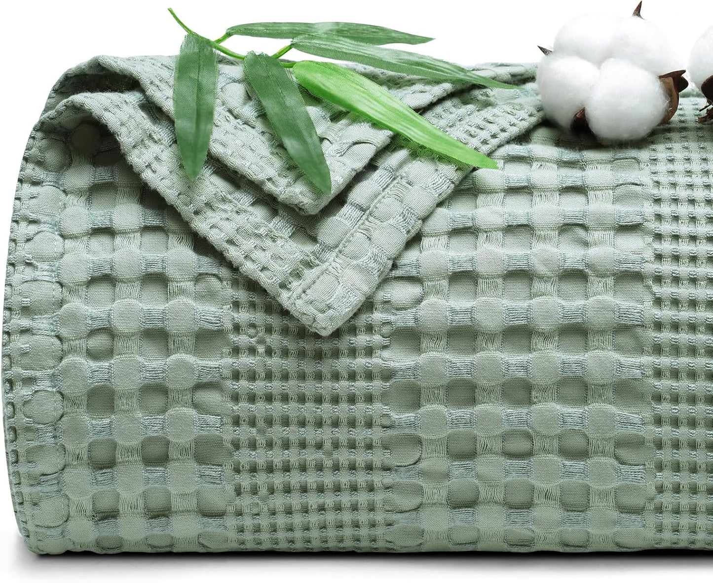 PHF Cooling Waffle Blanket Twin Size, Lightweight 60% Rayon Derived from Bamboo & 40% Cotton Breathable Blanket for Hot Sleepers, Soft and Luxury for Bed Couch and Sofa, 66"x90", Sage Green