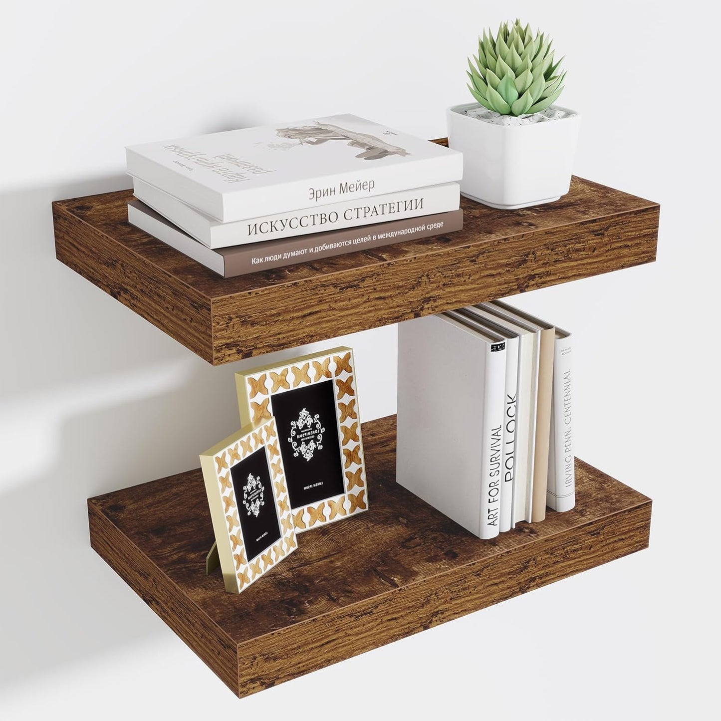 Fun Memories Wood Floating Shelves 16 Inch, 10 Inch Deep Shelves Wall Mount, Wall Shelves with Invisible Bracket, 16" Floating Shelves for Living Room Bathroom Bedroom, Rustic Brown, Set of 2