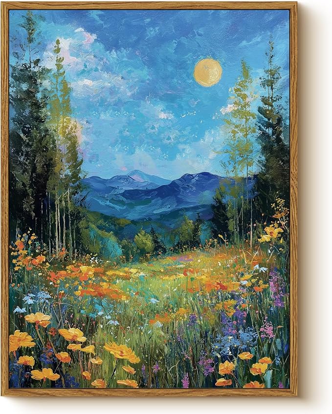 WHASAYART Vintage Floral Framed Wall Art Aesthetic 12x16 Rustic Nature Canvas Print with Blue Background, Colorful Vibrant Floral, Forest, Mountain for Home Office Bedroom Living room Hallway Decor