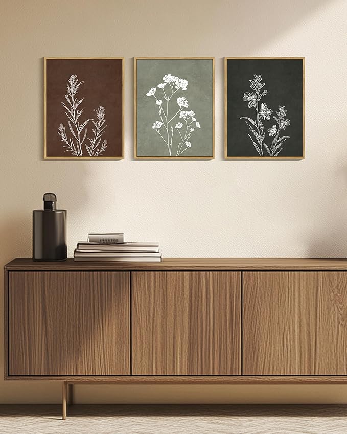 Drsoum Vintage Boho Flower Wall Art Framed Retro Botanical Floral Wall Prints Wildflower Neutral Rustic Bohemain Artwork Kitchen Bedroom Ready to Hang 11x14in Natural Framed