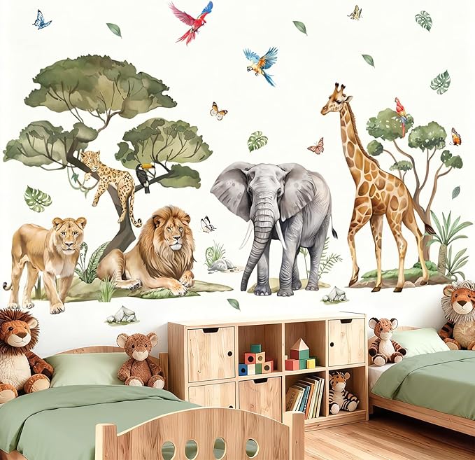 wondever Large Jungle Safari Animals Tree Wall Stickers Elephant Lion Giraffe Leopard Peel and Stick Wall Art Decals for Baby Nursery Kids Bedroom Living Room