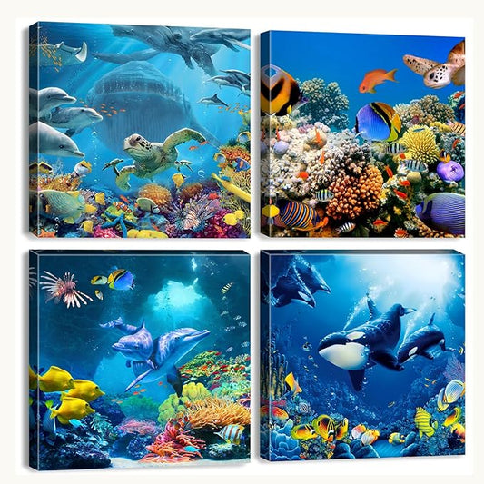 Blue Ocean Aquatic Animals Wall Art Sea Turtle Canvas Pictures Undersea Coral Dolphin Whale Fish Artwork for Bathroom Nautical Painting Nursery Kids Bedroom Living Room Home Decoration 20x20” 4 Pcs