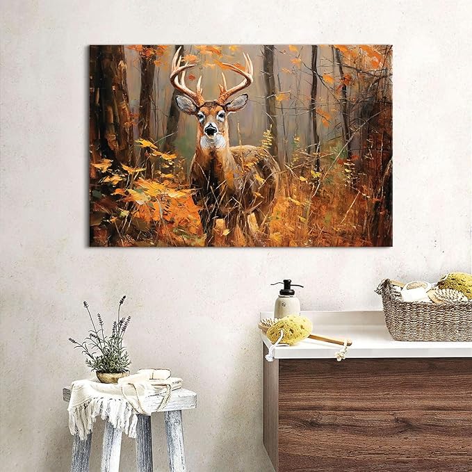 Fall Forest Wall Art Deer Wall Decor Autumn Maple Leaves Landscape Painting Wildlife Animal Canvas Prints Nature Wildflower Pictures Woodland Artwork for Kitchen Living Room Home Decorations 16x24"
