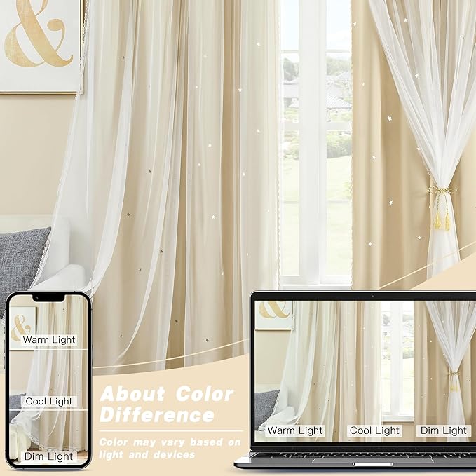 XiDi Beige Curtains with Sheer Overlay for Living Room Bedroom 2 Panels Star Hollow Out 80% Blackout Double Layer Curtains for Kids Girls Room Darkening Grommet Window Drapes with Tiebacks W34 X L63