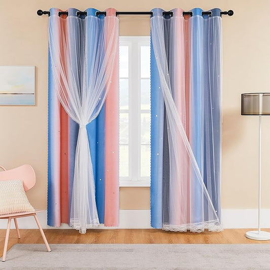 XiDi Pink Grey Blue Curtains for Girls Bedroom Decor Kids Blackout Curtains for Nursery Room Darkening Rainbow Princess Unicorn Wall Decals Little Girl 52x45 Inches Long 2 Panels Set