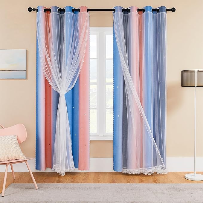 XiDi Girls Curtains for Bedroom 90 Inches Long 2 Panels Pink Grey Blue Rainbow Blackout Curtains for Little Girl Kids Room Decor Living Room, Princess Unicorn Wall Decals Drapes 52x90