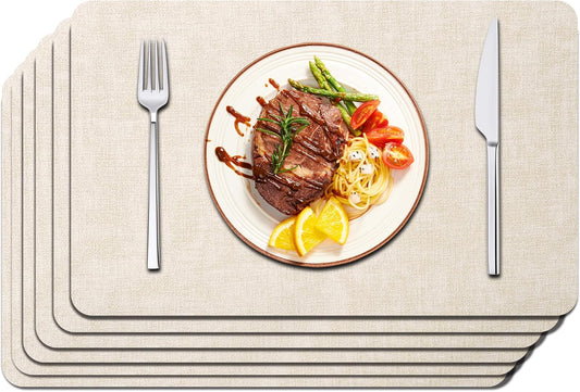 Maxpearl Faux Leather Placemats Set of 6 - Waterproof - Wipe Clean - Heat Resistant - Anti Slip Dining Table Place Mats, Suitable for Indoor & Outdoor Use, 17’’×12’’, Beige