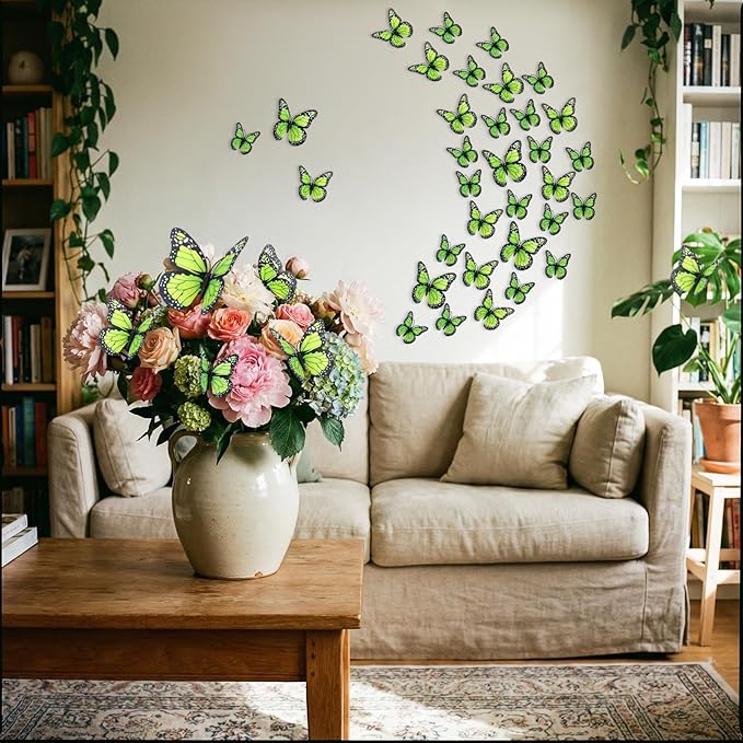 Chuangdi 48 Pcs Green Monarch Butterfly Decorations 3 Size Fake Butterflies Realistic Butterfly Craft Artificial Mariposas Wall Decor for Craft Wedding Home Birthday Party (3.2inch,4inch,4.7inch)
