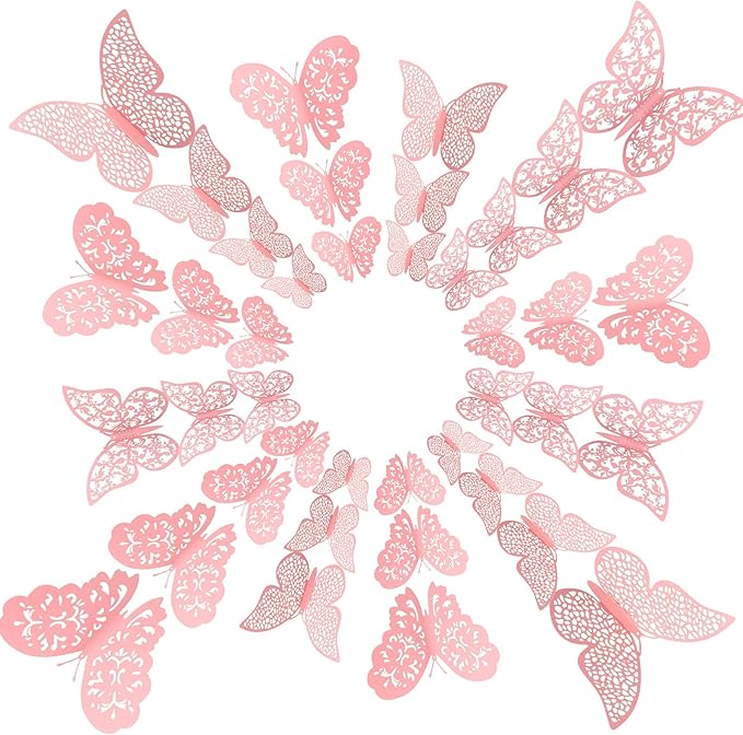 Bememo 72 Pieces 3D Butterfly Wall Decals Sticker Decal Wall Decor Art Decorative Sticker 3 Sizes for Room Offices Bedroom Bathroom Living Room Decor(Light Pink)