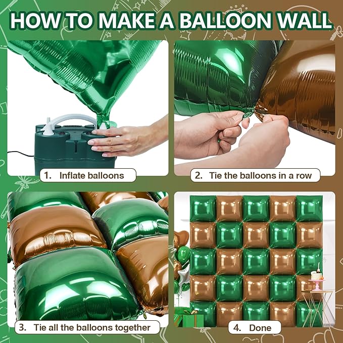 NISOCY 25PCS Dark Green and Brown Square Foil Baloons Wall Backdrop Double Sided Dark Green and Brown Balloons Arch Kit for Anniversary Birthday Thanksgiving Christmas Jungle Party Decorations