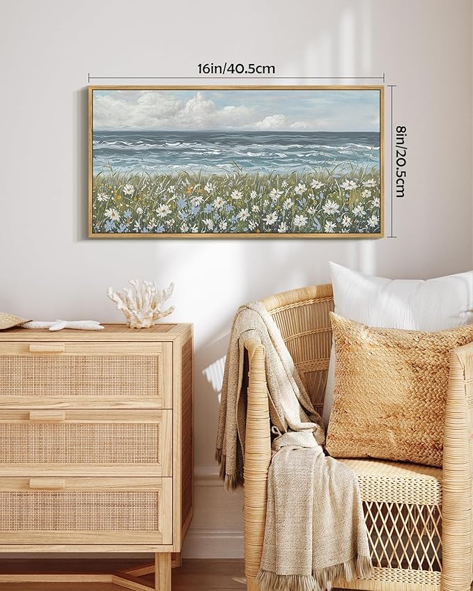 SHENIFY Vintage Landscape Framed Wall Art Sea Coastal Wildflower Field Scenery Farmhouse Decor Retro Painting for Bedroom Living Room Ready to Hang Wall Artwork - 8x16in Natural Framed