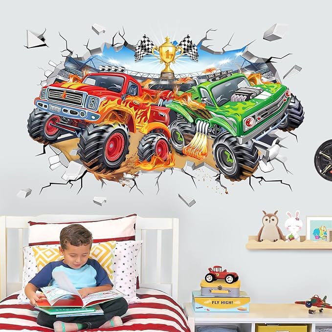 wondever Large 3D Racing Car Wall Stickers Vehicles Truck Break Through Peel and Stick Wall Art Decals for Boys Room Kids Bedroom Playroom